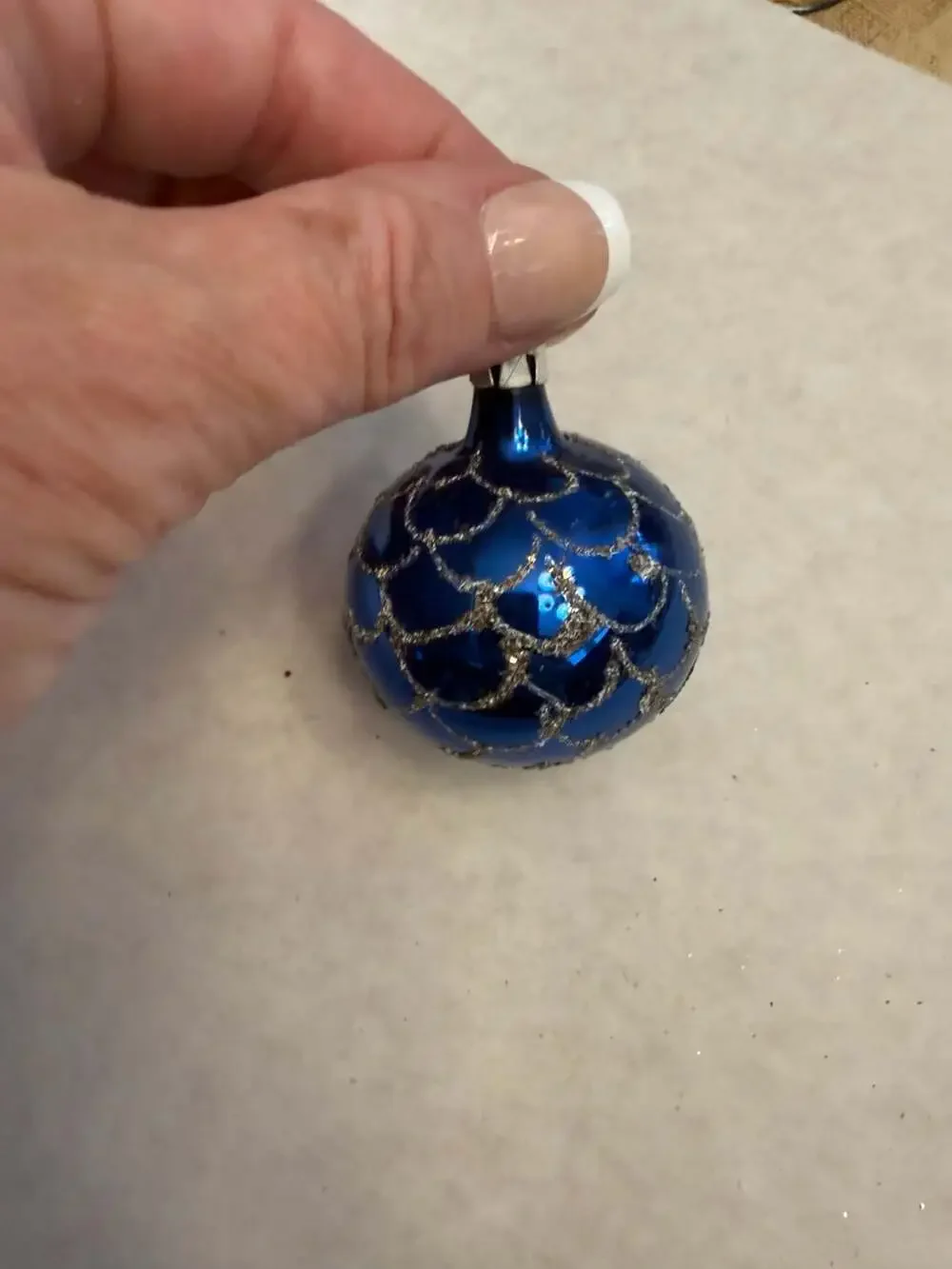 Vtg Blue Glass Christmas Ball Ornament with Silver Glitter Fish Scale Pattern